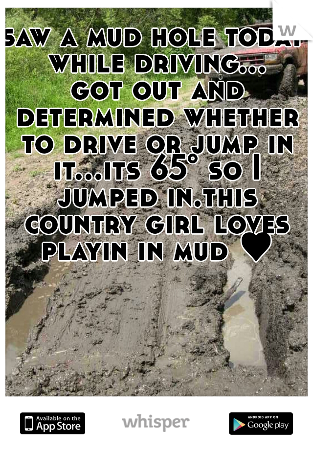 saw a mud hole today while driving... got out and determined whether to drive or jump in it...its 65° so I jumped in.this country girl loves playin in mud ♥