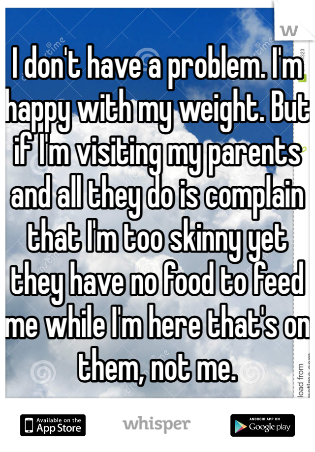 
I don't have a problem. I'm happy with my weight. But if I'm visiting my parents and all they do is complain that I'm too skinny yet they have no food to feed me while I'm here that's on them, not me. 