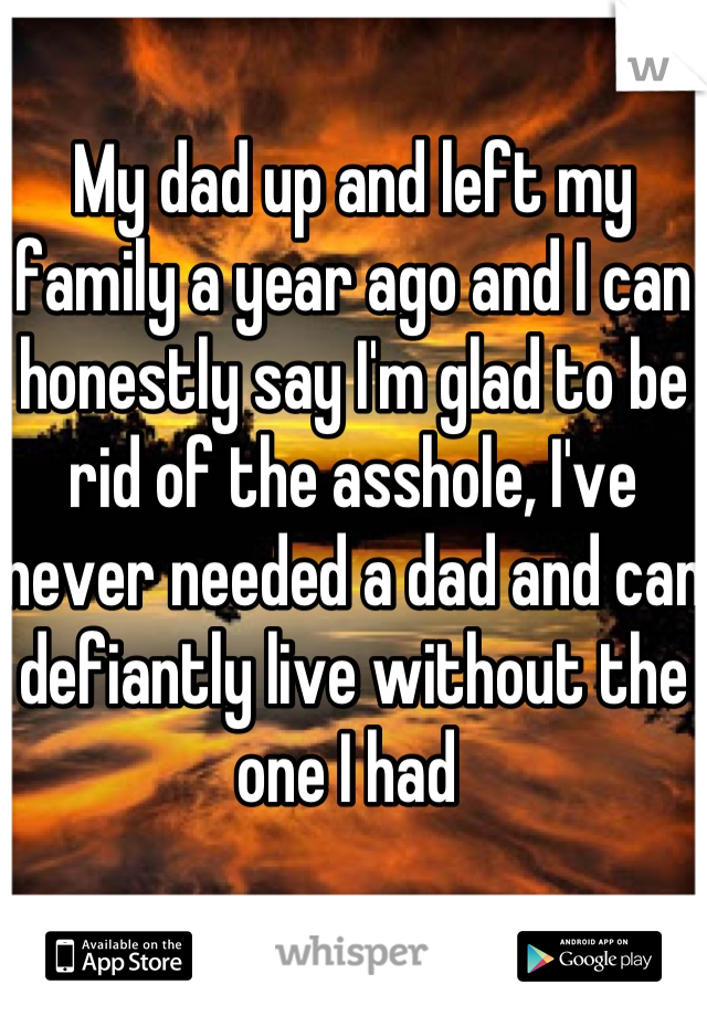 My dad up and left my family a year ago and I can honestly say I'm glad to be rid of the asshole, I've never needed a dad and can defiantly live without the one I had 