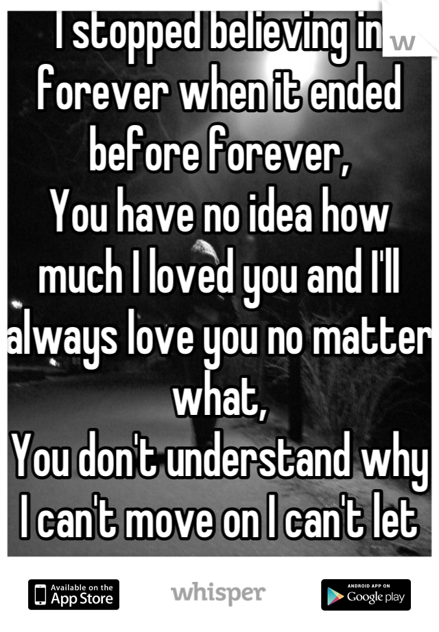 I stopped believing in forever when it ended before forever, 
You have no idea how much I loved you and I'll always love you no matter what, 
You don't understand why I can't move on I can't let you go 