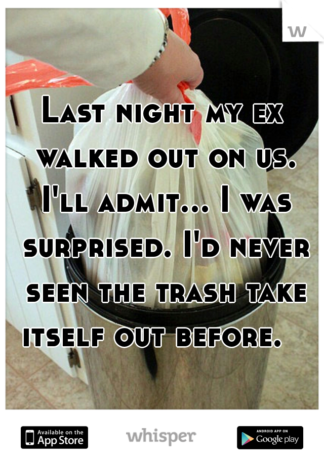 Last night my ex walked out on us. I'll admit... I was surprised. I'd never seen the trash take itself out before.   