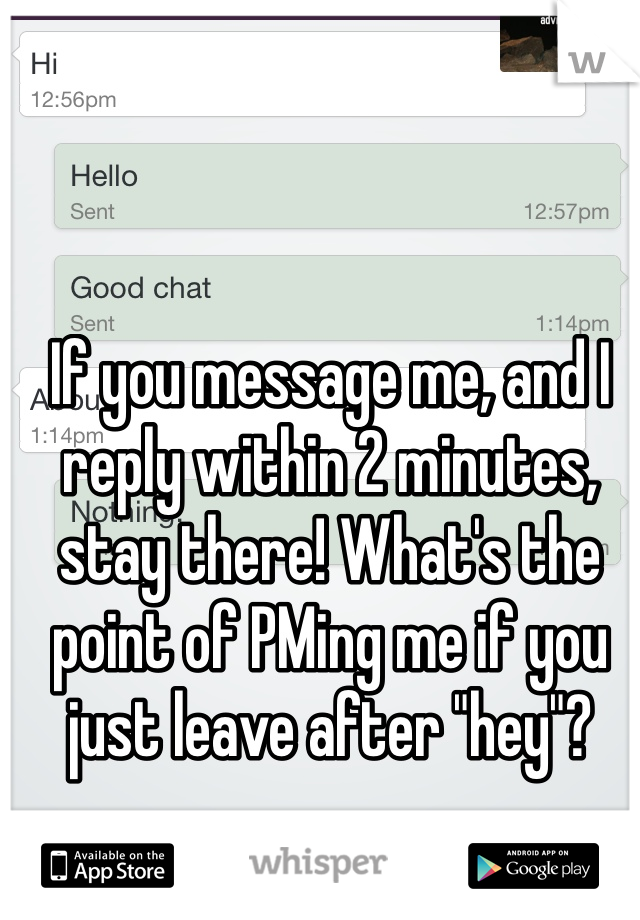 If you message me, and I reply within 2 minutes, stay there! What's the point of PMing me if you just leave after "hey"?