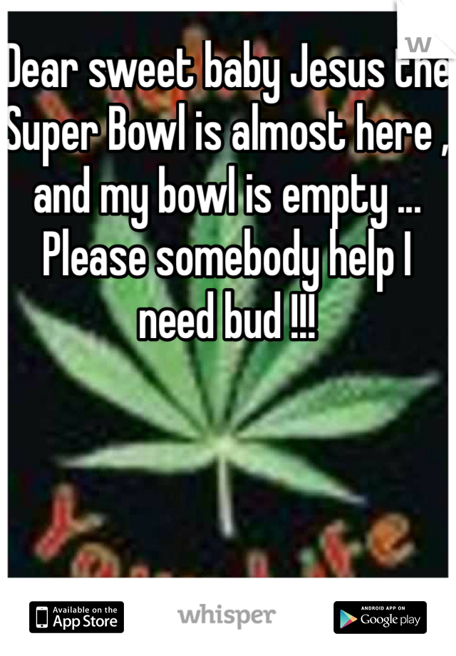 Dear sweet baby Jesus the Super Bowl is almost here , and my bowl is empty ... Please somebody help I need bud !!!