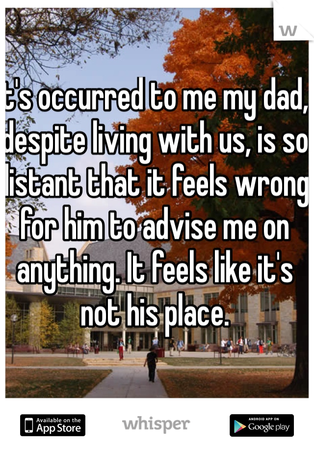 It's occurred to me my dad, despite living with us, is so distant that it feels wrong for him to advise me on anything. It feels like it's not his place.