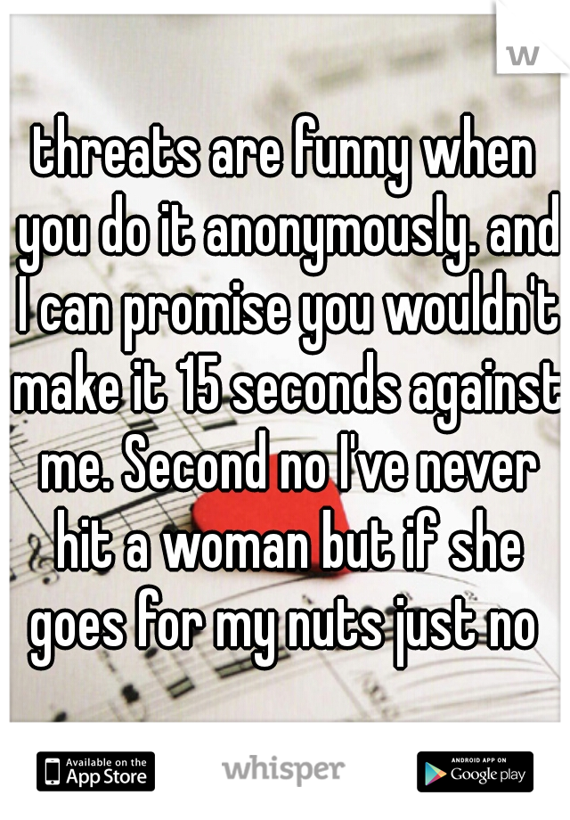 threats are funny when you do it anonymously. and I can promise you wouldn't make it 15 seconds against me. Second no I've never hit a woman but if she goes for my nuts just no 