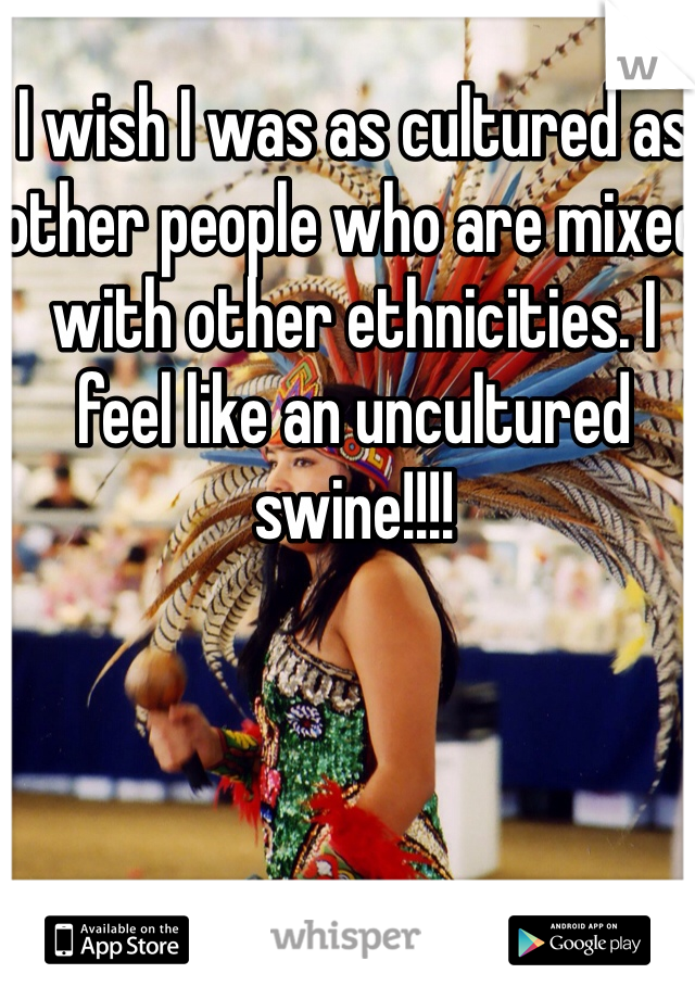 I wish I was as cultured as other people who are mixed with other ethnicities. I feel like an uncultured swine!!!!