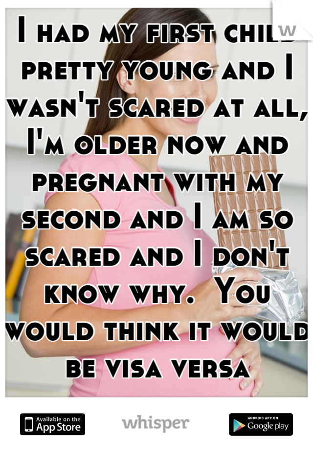 I had my first child pretty young and I wasn't scared at all, I'm older now and pregnant with my second and I am so scared and I don't know why.  You would think it would be visa versa