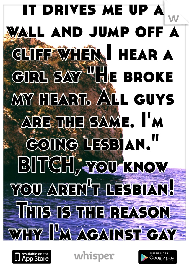 It drives me up a wall and jump off a cliff when I hear a girl say "He broke my heart. All guys are the same. I'm going lesbian." BITCH, you know you aren't lesbian! This is the reason why I'm against gay people..