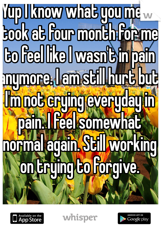 Yup I know what you mean, took at four month for me to feel like I wasn't in pain anymore. I am still hurt but I'm not crying everyday in pain. I feel somewhat normal again. Still working on trying to forgive.