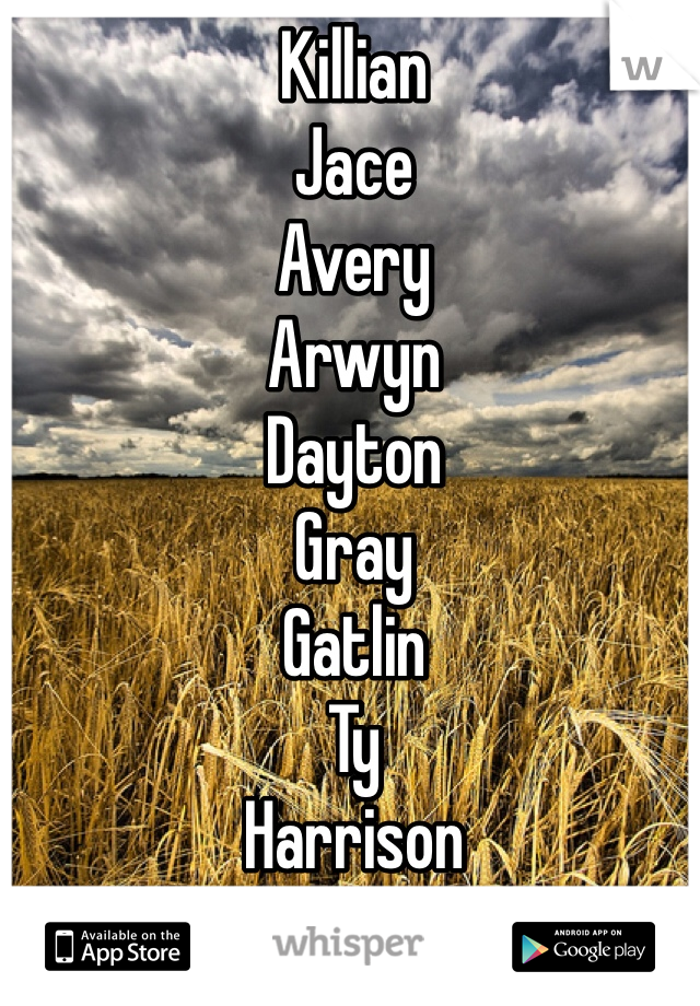 Killian
Jace
Avery
Arwyn
Dayton
Gray
Gatlin
Ty
Harrison 


