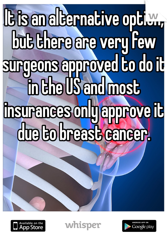 It is an alternative option, but there are very few surgeons approved to do it in the US and most insurances only approve it due to breast cancer.