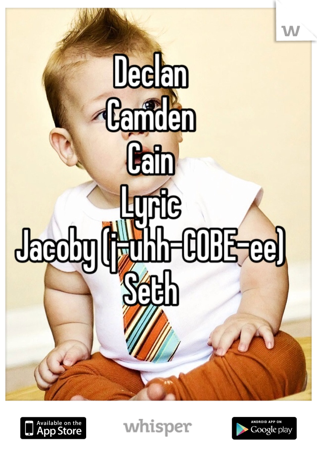 Declan
Camden
Cain
Lyric 
Jacoby (j-uhh-COBE-ee)
Seth