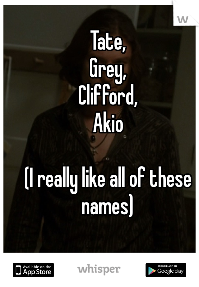 Tate,
Grey,
Clifford,
Akio

(I really like all of these names)