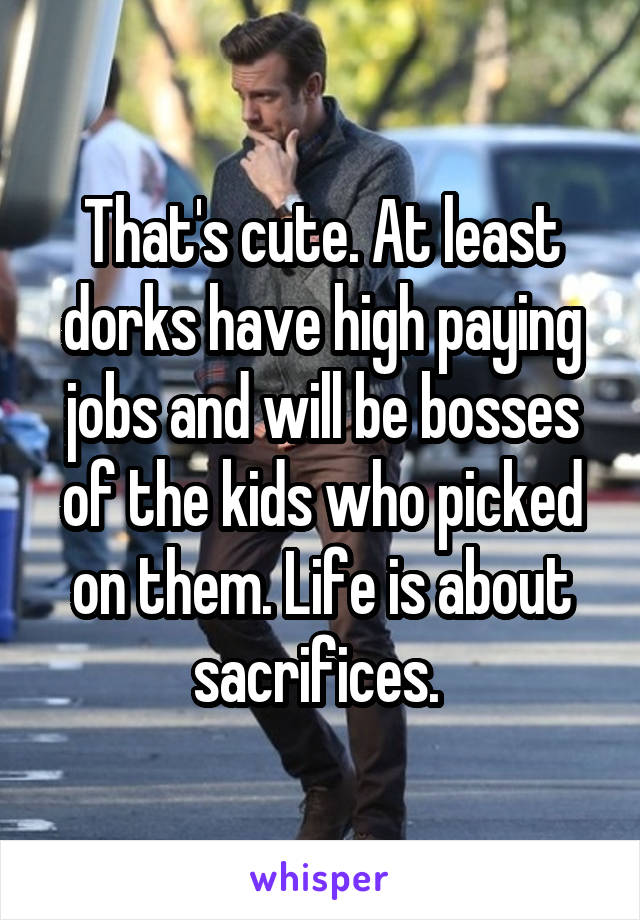 That's cute. At least dorks have high paying jobs and will be bosses of the kids who picked on them. Life is about sacrifices. 