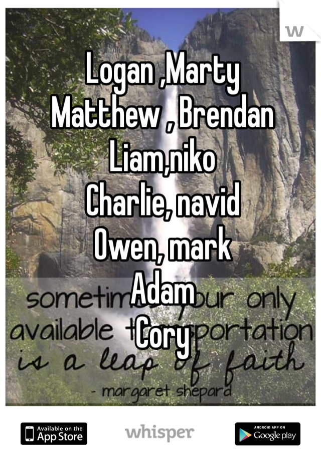 Logan ,Marty 
Matthew , Brendan
Liam,niko
Charlie, navid
Owen, mark
Adam
Cory
