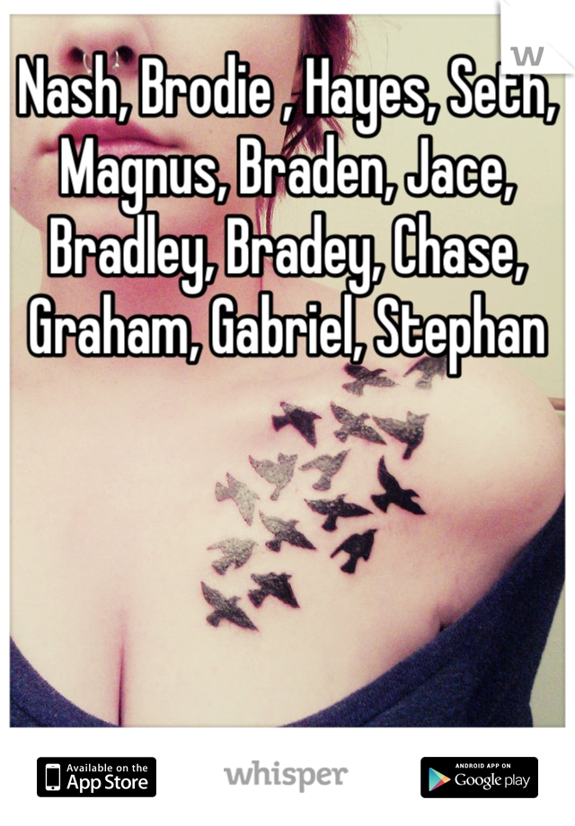 Nash, Brodie , Hayes, Seth, Magnus, Braden, Jace, Bradley, Bradey, Chase, Graham, Gabriel, Stephan