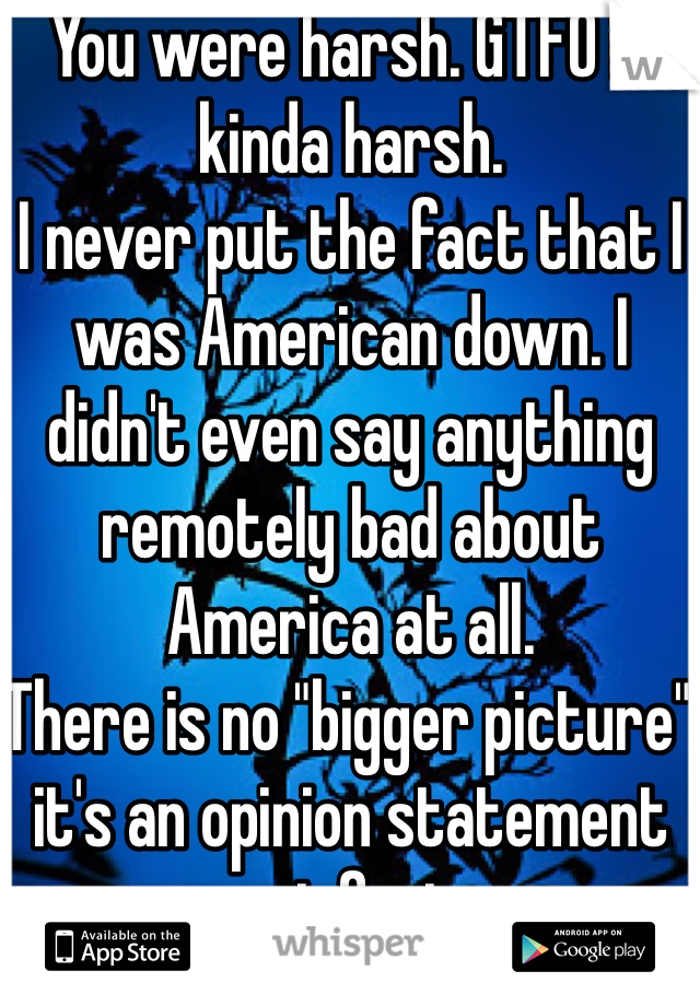 You were harsh. GTFO is kinda harsh. 
I never put the fact that I was American down. I didn't even say anything remotely bad about America at all. 
There is no "bigger picture" it's an opinion statement not fact. 