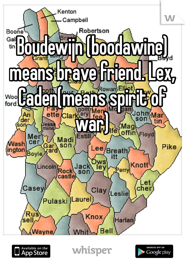 Boudewijn (boodawine) means brave friend. Lex, Caden(means spirit of war) 