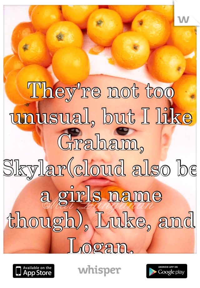 They're not too unusual, but I like Graham, Skylar(cloud also be a girls name though), Luke, and Logan. 