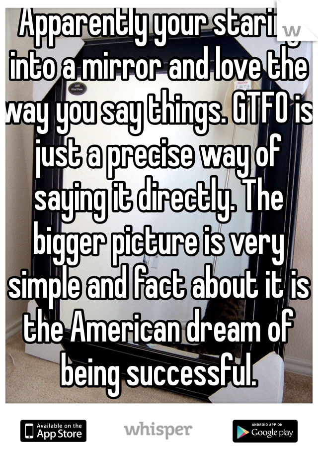 Apparently your staring into a mirror and love the way you say things. GTFO is just a precise way of saying it directly. The bigger picture is very simple and fact about it is the American dream of being successful. 