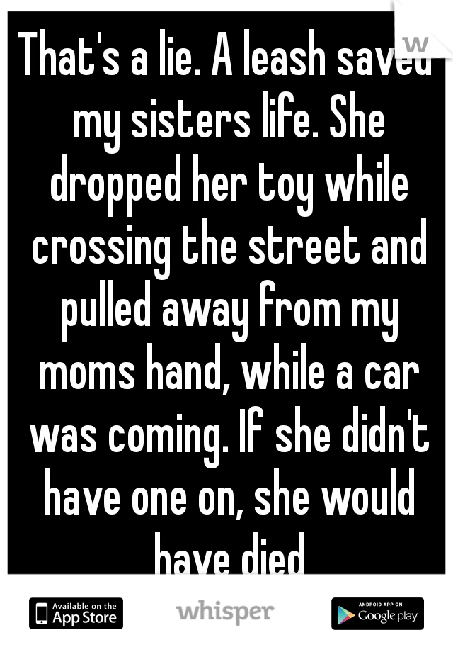 That's a lie. A leash saved my sisters life. She dropped her toy while crossing the street and pulled away from my moms hand, while a car was coming. If she didn't have one on, she would have died