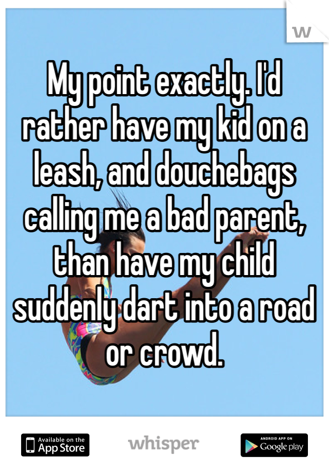 My point exactly. I'd rather have my kid on a leash, and douchebags calling me a bad parent, than have my child suddenly dart into a road or crowd.