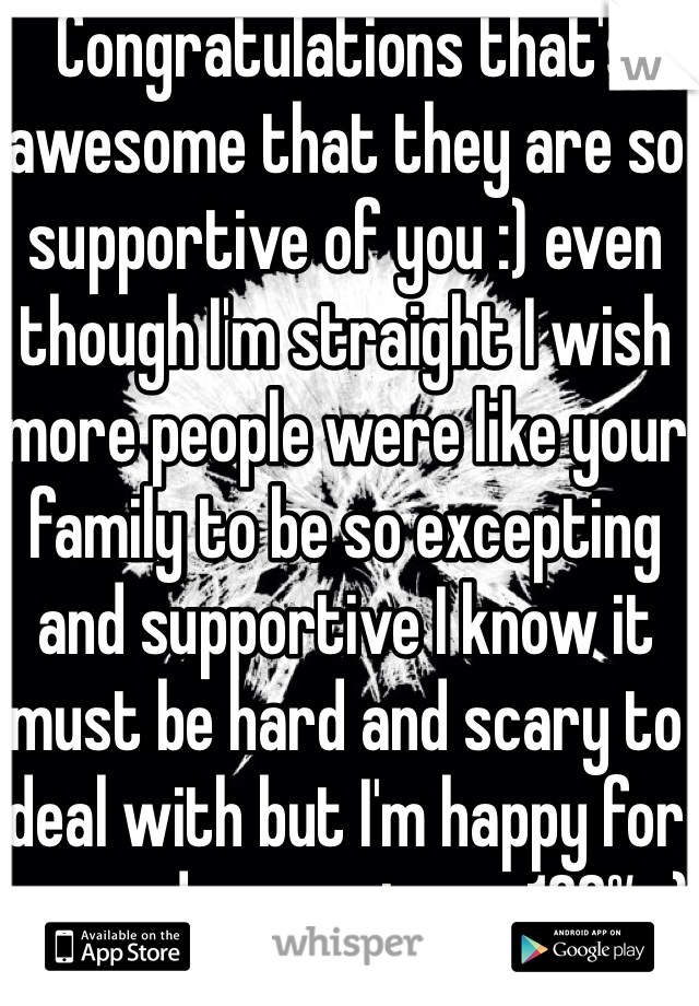 Congratulations that's awesome that they are so supportive of you :) even though I'm straight I wish more people were like your family to be so excepting and supportive I know it must be hard and scary to deal with but I'm happy for you and support you 100% :)