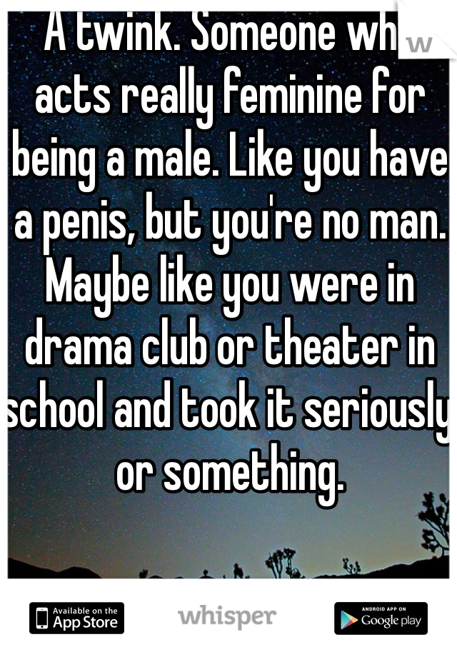 A twink. Someone who acts really feminine for being a male. Like you have a penis, but you're no man. Maybe like you were in drama club or theater in school and took it seriously or something. 