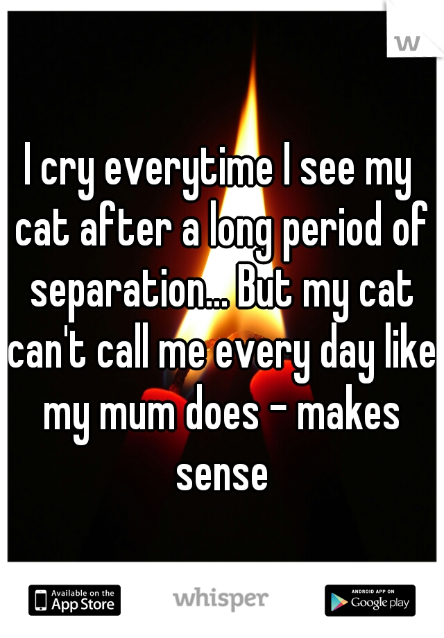 I cry everytime I see my cat after a long period of separation... But my cat can't call me every day like my mum does - makes sense