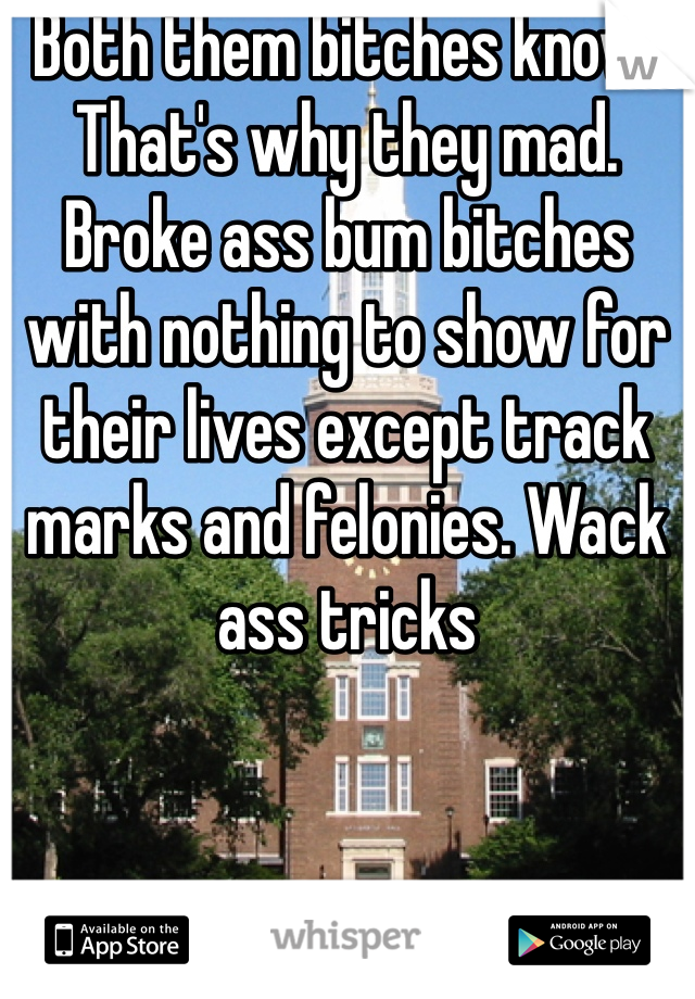 Both them bitches know. That's why they mad. Broke ass bum bitches with nothing to show for their lives except track marks and felonies. Wack ass tricks 