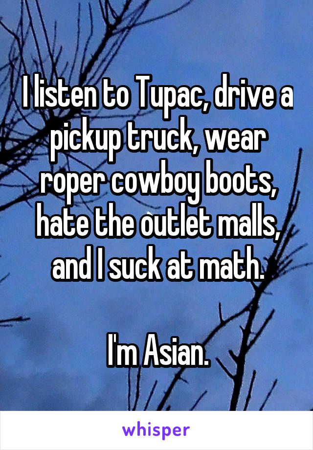 I listen to Tupac, drive a pickup truck, wear roper cowboy boots, hate the outlet malls, and I suck at math.

I'm Asian.