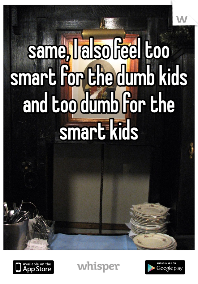 same, I also feel too smart for the dumb kids and too dumb for the smart kids