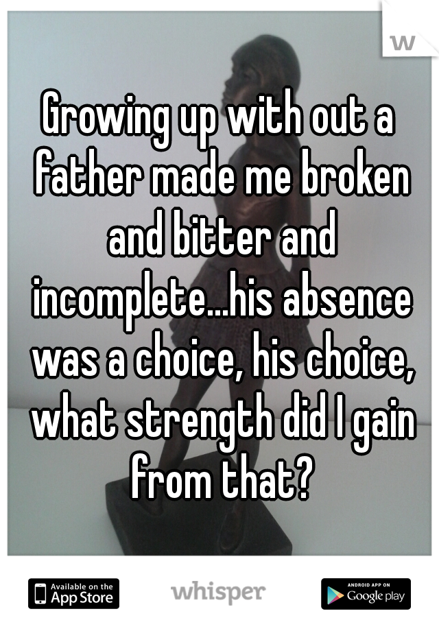 Growing up with out a father made me broken and bitter and incomplete...his absence was a choice, his choice, what strength did I gain from that?