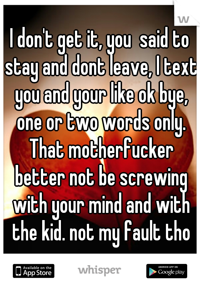 I don't get it, you  said to stay and dont leave, I text you and your like ok bye, one or two words only. That motherfucker better not be screwing with your mind and with the kid. not my fault tho
