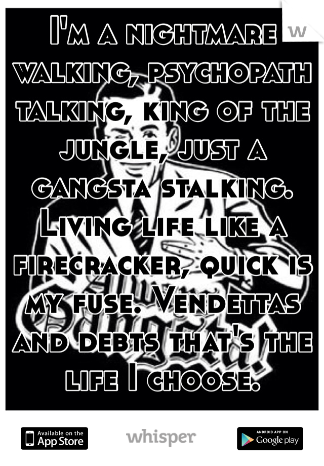 I'm a nightmare walking, psychopath talking, king of the jungle, just a gangsta stalking. Living life like a firecracker, quick is my fuse. Vendettas and debts that's the life I choose. 