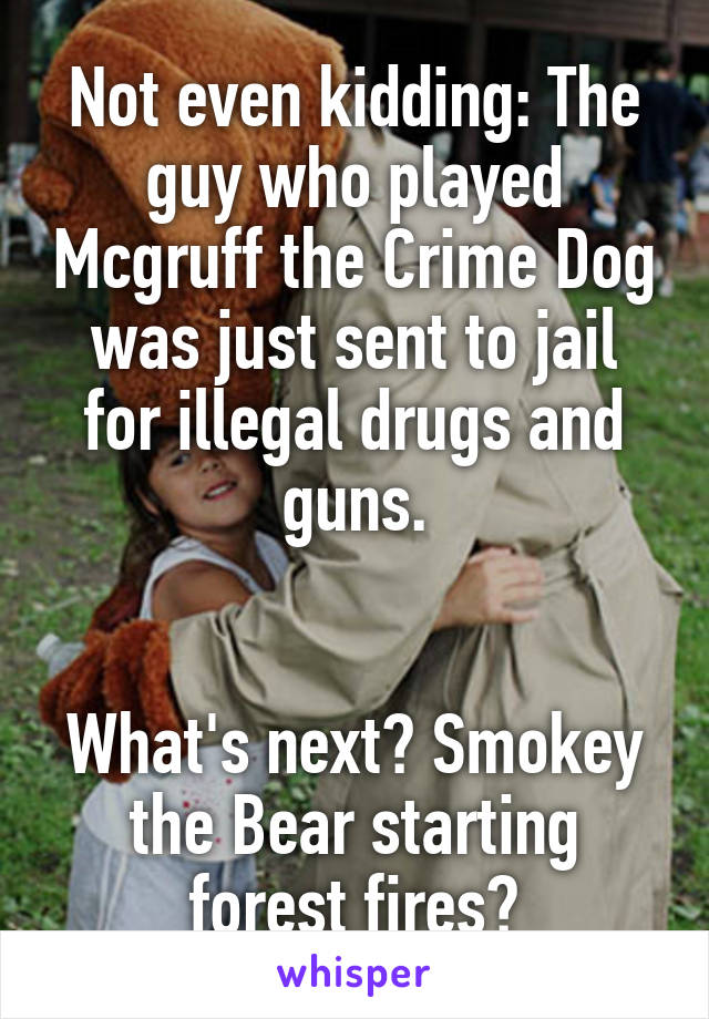 Not even kidding: The guy who played Mcgruff the Crime Dog was just sent to jail for illegal drugs and guns.


What's next? Smokey the Bear starting forest fires?