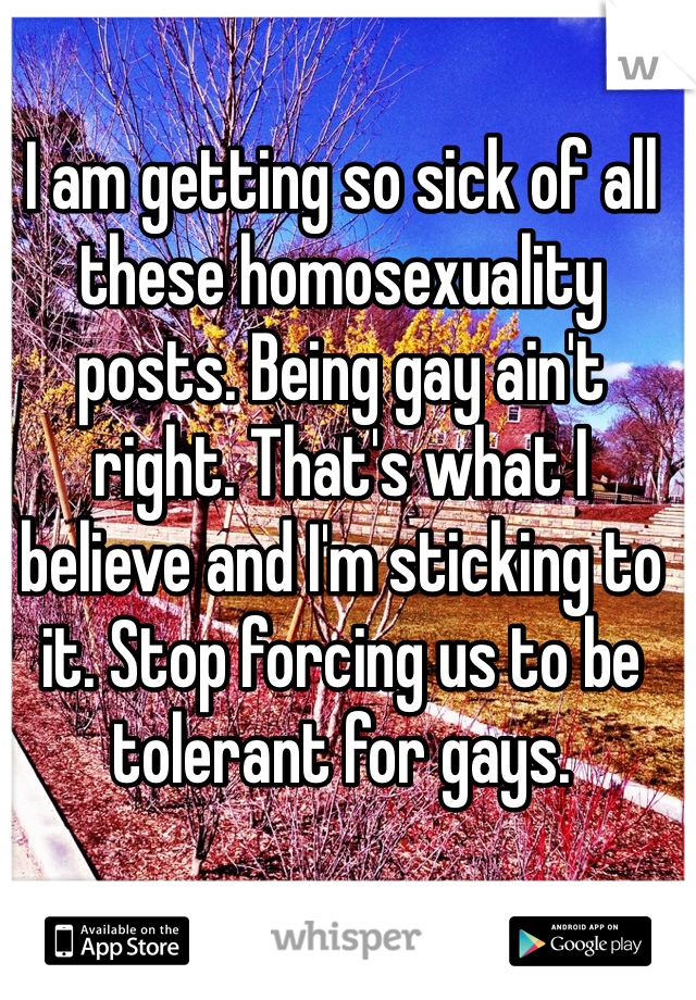 I am getting so sick of all these homosexuality posts. Being gay ain't right. That's what I believe and I'm sticking to it. Stop forcing us to be tolerant for gays. 