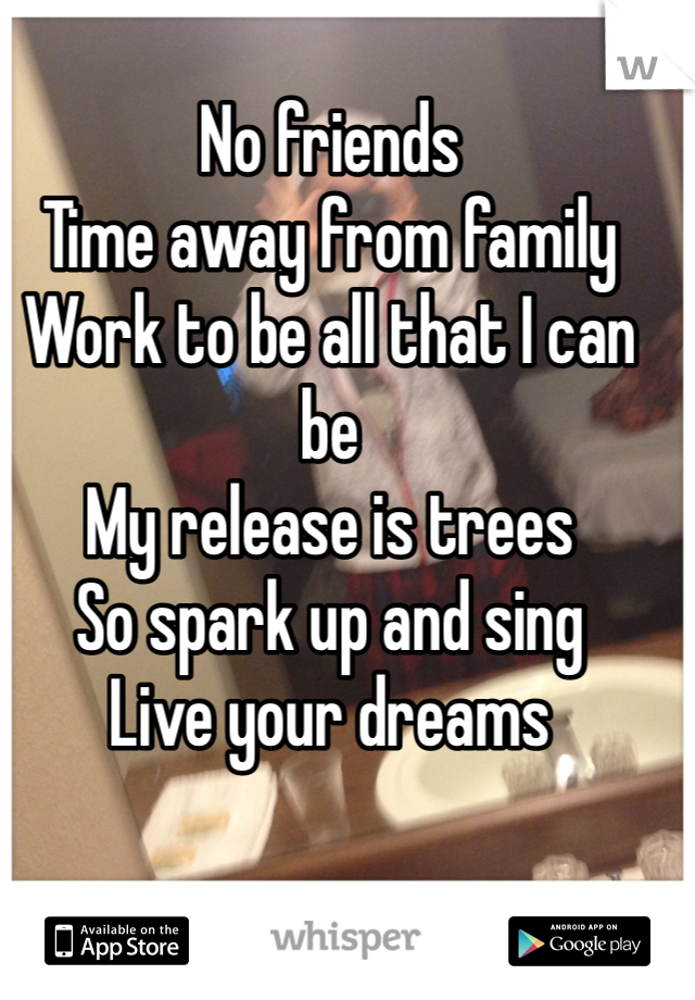 
No friends
Time away from family
Work to be all that I can be 
My release is trees
So spark up and sing
Live your dreams