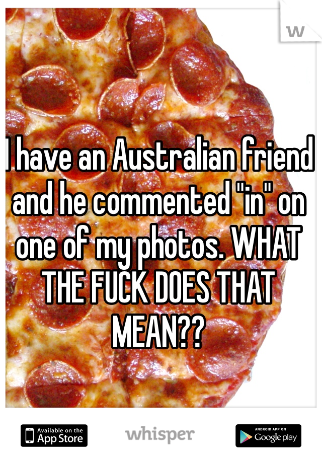 I have an Australian friend and he commented "in" on one of my photos. WHAT THE FUCK DOES THAT MEAN??