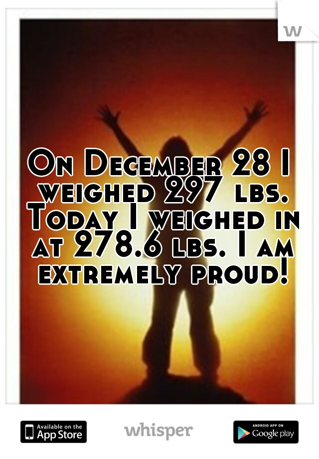 On December 28 I weighed 297 lbs. Today I weighed in at 278.6 lbs. I am extremely proud!