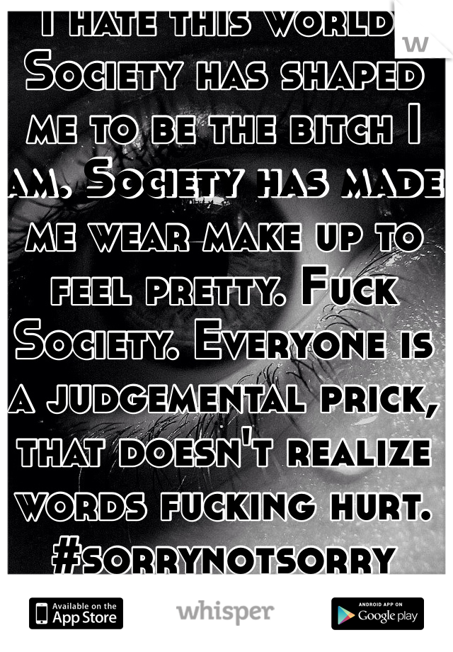 I hate this world.
Society has shaped me to be the bitch I am. Society has made me wear make up to feel pretty. Fuck Society. Everyone is a judgemental prick, that doesn't realize words fucking hurt. 
#sorrynotsorry