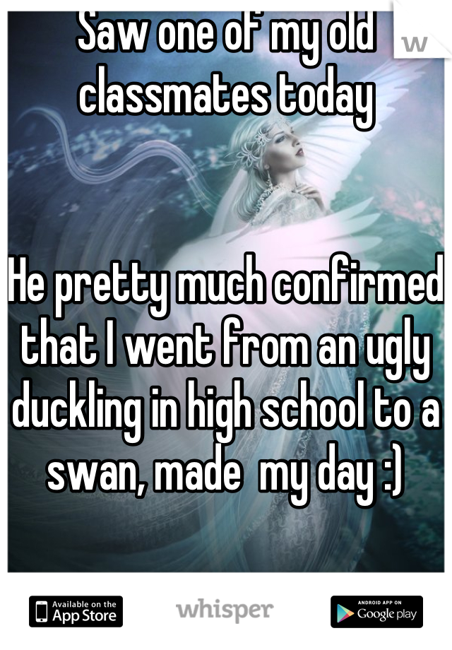Saw one of my old classmates today 


He pretty much confirmed that I went from an ugly duckling in high school to a swan, made  my day :)