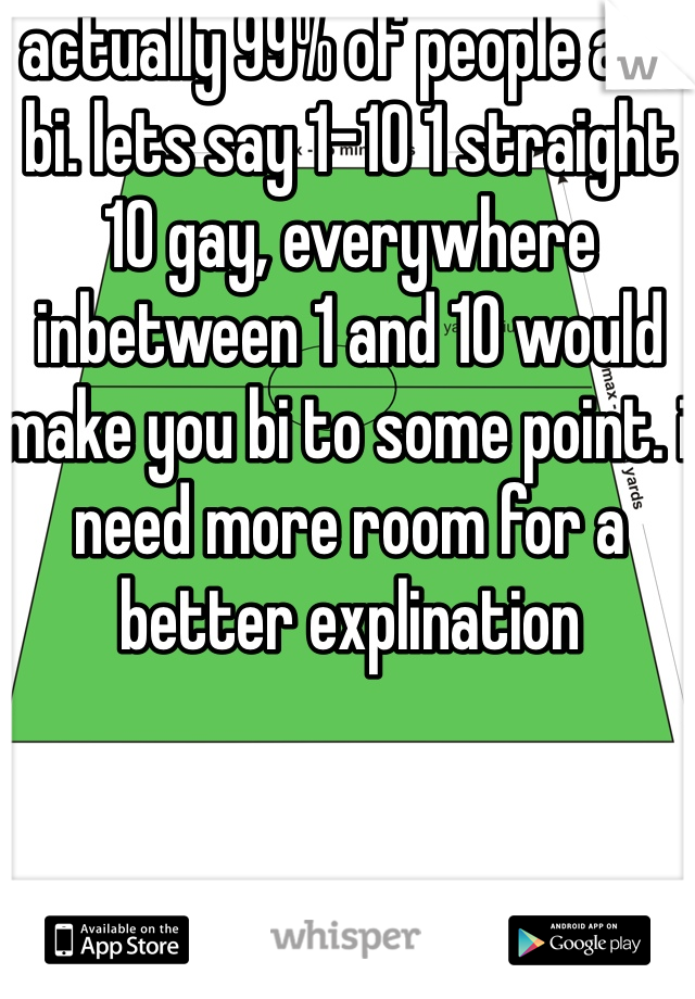 actually 99% of people are bi. lets say 1-10 1 straight 10 gay, everywhere inbetween 1 and 10 would make you bi to some point. i need more room for a better explination