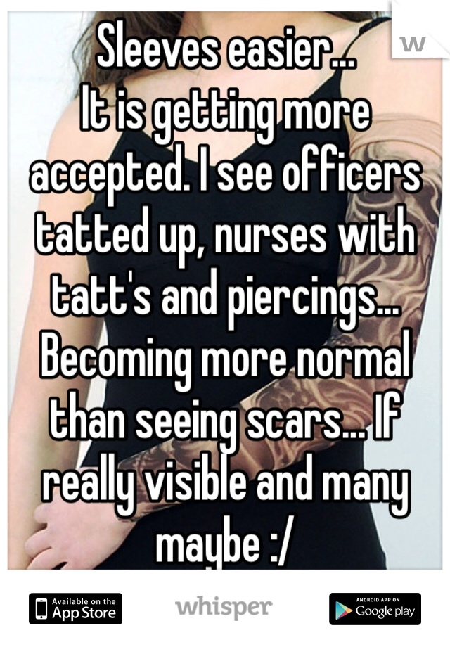 Sleeves easier...
It is getting more accepted. I see officers tatted up, nurses with tatt's and piercings...
Becoming more normal than seeing scars... If really visible and many maybe :/