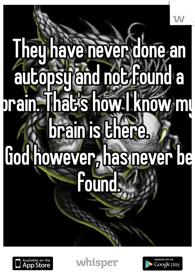 They have never done an autopsy and not found a brain. That's how I know my brain is there. 
God however, has never be found. 