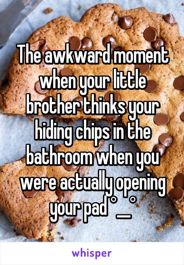 The awkward moment when your little brother thinks your hiding chips in the bathroom when you were actually opening your pad °__°