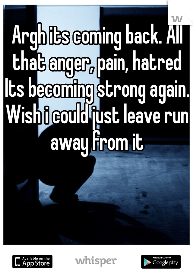 Argh its coming back. All that anger, pain, hatred
Its becoming strong again. 
Wish i could just leave run away from it 