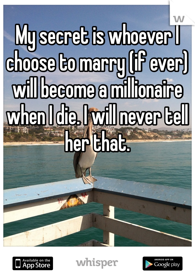My secret is whoever I choose to marry (if ever) will become a millionaire when I die. I will never tell her that. 