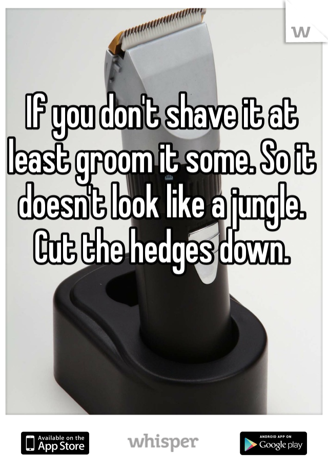 If you don't shave it at least groom it some. So it doesn't look like a jungle. Cut the hedges down. 