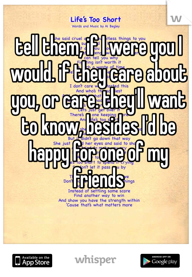 tell them, if I were you I would. if they care about you, or care. they'll want to know, besides I'd be happy for one of my friends